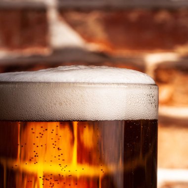 Kırmızı tuğla duvar arka plan üzerinde bir bira Kupa