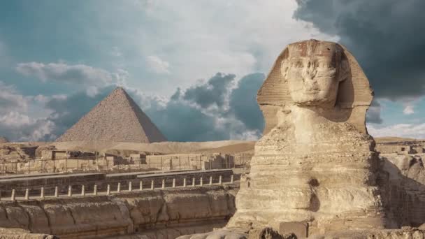Den Stora Sfinxen Och Pyramiden Kufu Giza Egypten — Stockvideo