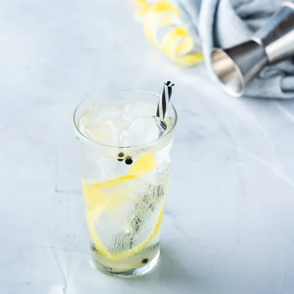 Food and drink, holidays party concept. Gin and tonic alcohol cocktail drink with ice and lemon zest in a glass on a table.