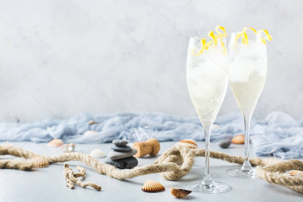 Food and drink, party holiday concept. Alcohol beverage cold cool champagne cocktail drink on a modern table for summer days. Copy space background