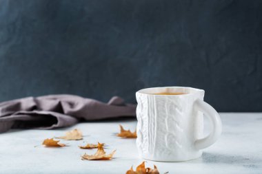Yiyecek ve içecek, natürmort kavramı. Büyük beyaz kupa ile sıcak çay infüzyonu İçecek soğuk bir kış ve sonbahar gün ısıtmak için. Alan arka plan kopyalama