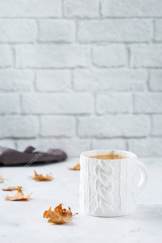 Food and drink, still life concept. Big white mug with hot tea infusion beverage to warm in a cold winter and autumn days. Copy space background
