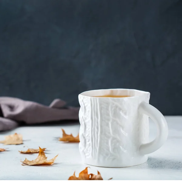 Food and drink, still life concept. Big white mug with hot tea infusion beverage to warm in a cold winter and autumn days. Copy space background