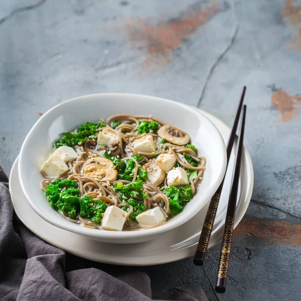 Buckwheat soba noodles tofu soup for asian chinese japanese korean vietnamese food. Kitchen cooking background — Stock Image Buckwheat Soba Noodles Tofu Soup Asian Chinese Japanese Korean Vietnamese Royalty Free Stock Photos