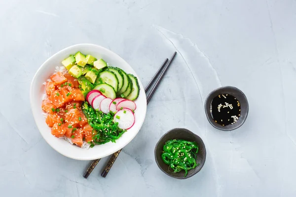 Comida Rápida Saludable Almuerzo Concepto Nutrición Tazón Fresco Salmón Hawaiano —  Fotos de Stock