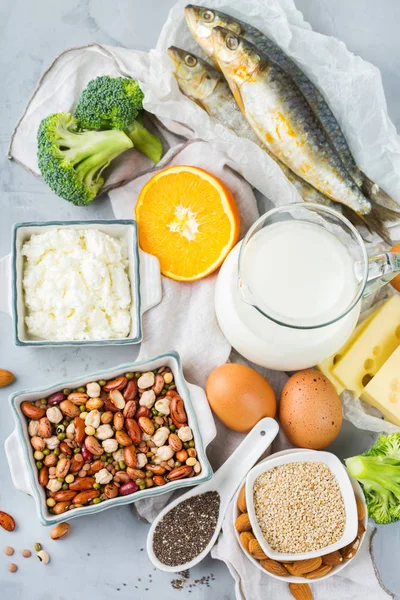Kiegyensúlyozott Étrend Táplálkozás Egészséges Táplálkozási Koncepció Élelmiszer Források Gazdag Kalcium — Stock Fotó