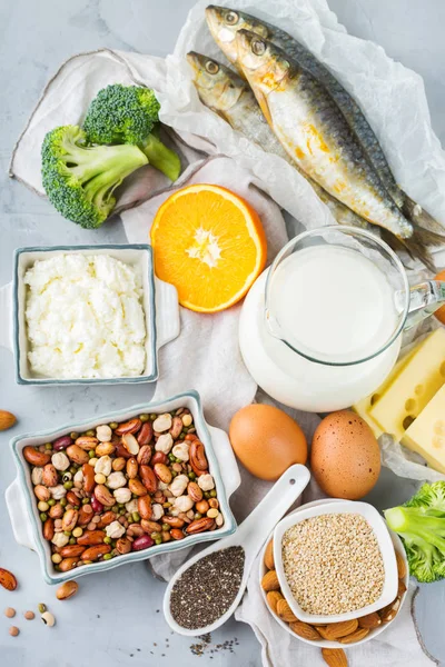 Alimentación Equilibrada Concepto Alimentación Saludable Surtido Fuentes Alimentos Ricos Calcio — Foto de Stock