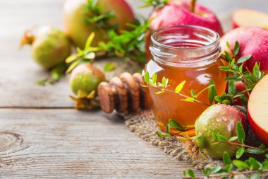 Rosh Hashana, Yahudi yeni yıl tatil konsepti, bal, elma, nar