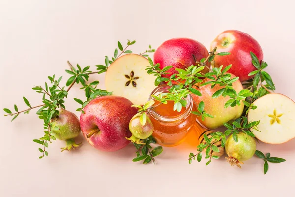 Rosh Hashana, Yahudi yeni yıl tatil konsepti, bal, elma, nar — Stok fotoğraf