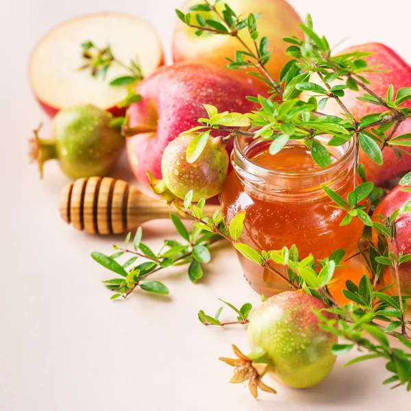 Rosh Hashana, Yahudi yeni yıl tatil konsepti, bal, elma, nar — Stok fotoğraf