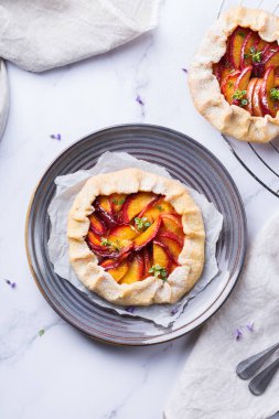 Ev yapımı küçük nektarin, şeftali, kayısı, turta, mevsimlik aromalı açık turta. Sağlıklı ve lezzetli fırın ürünü, olgun meyveli tatlı. Üst görünüm, düz arkaplan