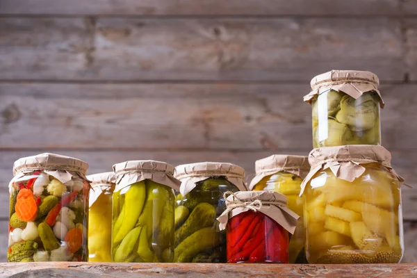 Cibo Conservato Fermentato Assortimento Barattoli Fatti Casa Con Varietà Verdure — Foto Stock