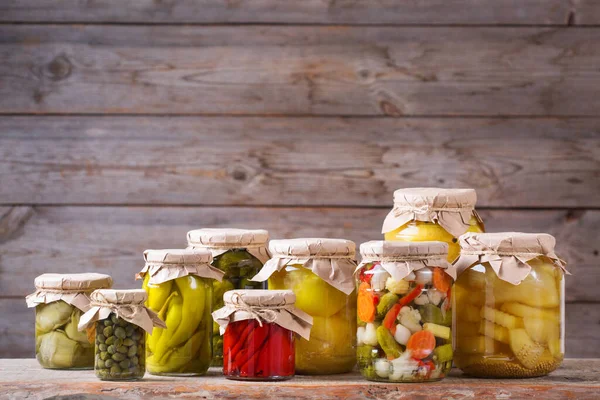 Cibo Conservato Fermentato Assortimento Barattoli Fatti Casa Con Varietà Verdure — Foto Stock