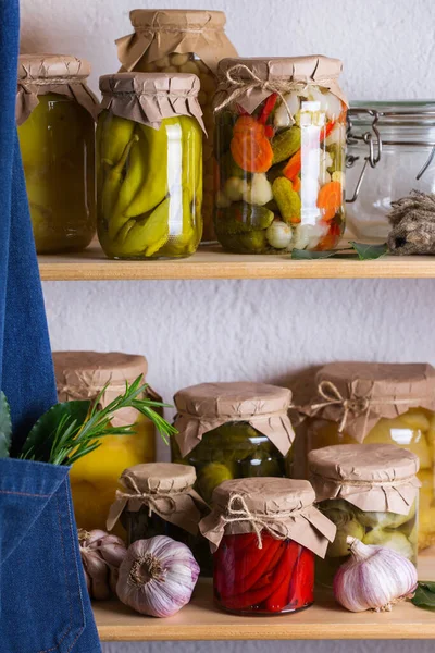 Cibo Conservato Fermentato Assortimento Barattoli Fatti Casa Con Varietà Verdure — Foto Stock