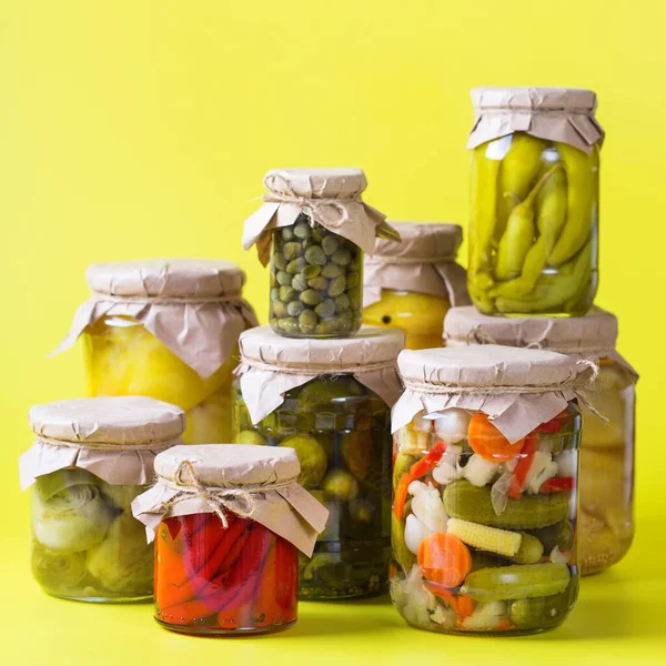 Preserved Fermented Food Assortment Homemade Jars Variety Pickled Marinated Vegetables — Stock Photo, Image