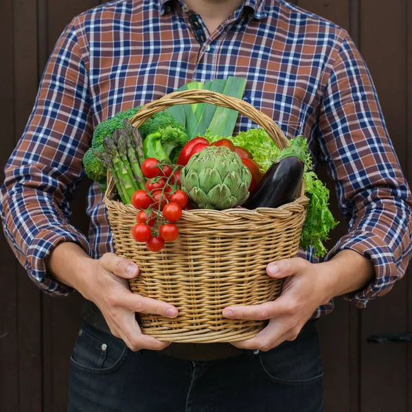 Válogatás Érett Zöldségek Gyümölcsös Gazdák Kezében Szüret Koncepció Gazdaság Piac — Stock Fotó