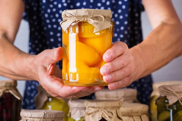 Senior Mature Woman Holding Hands Jar Homemade Preserved Fermented Food — Stock Photo, Image