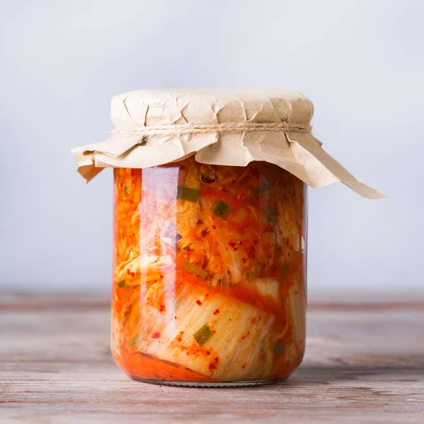 Homemade Organic Traditional Korean Kimchi Cabbage Salad Glass Jar Wooden — Stock Photo, Image