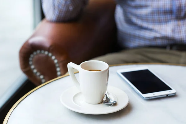 Young Successful Businessman Sitting Cafe Drinking Morning Coffee Using Smartphone — Stock Photo, Image