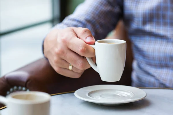 Young Successful Businessman Sitting Cafe Drinking Morning Coffee Lifestyle Composition — Stock Photo, Image