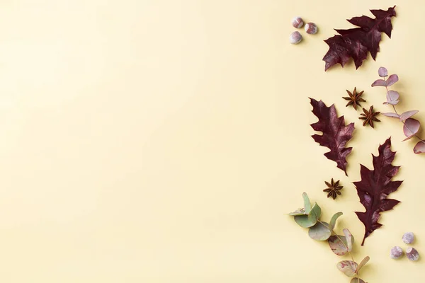 Kreative Herbst Erntedank Komposition Mit Dekorativen Getrockneten Blättern Flache Lage — Stockfoto