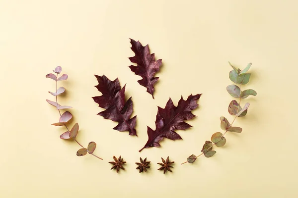 Kreative Herbst Erntedank Komposition Mit Dekorativen Getrockneten Blättern Flache Lage — Stockfoto