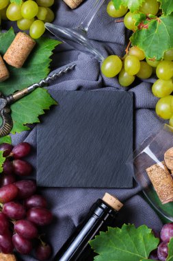 Yiyecek ve içecek, sonbahar hasat konsepti. Şarap tatma, içki içme, sembollü davetiye, üzüm asması, şişe, bardak, tirbuşon. Boşluk arkaplanı kopyala