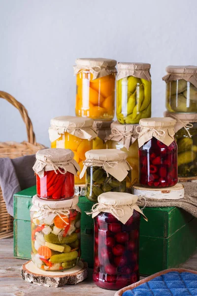 Preserved Fermented Food Assortment Homemade Jars Variety Pickled Marinated Vegetables — Stock Photo, Image