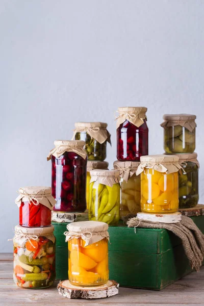 Cibo Conservato Fermentato Assortimento Barattoli Fatti Casa Con Varietà Verdure — Foto Stock