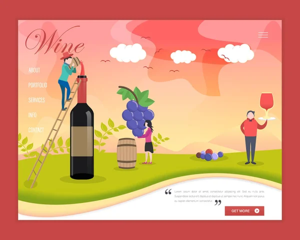 Wine Concept Landing Page Design Stile Piatto Modello Sito Web — Vettoriale Stock