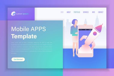 Mobile Apps Tema vektör sayfa düz stil illüstrasyon iniş. Modern Web sitesi şablonu