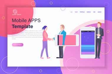Mobile Apps Tema vektör sayfa düz stil illüstrasyon iniş. Modern Web sitesi şablonu