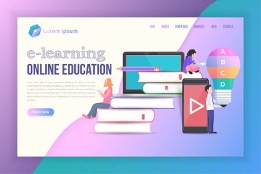 Online eğitim Tema vektör sayfa düz stil illüstrasyon iniş. Modern Web sitesi şablonu