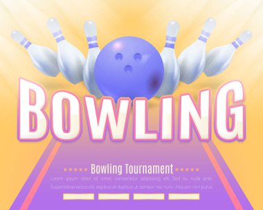 Vektör Bowling Poster arka plan. Kase olay bilgi kartpostal tasarımı. Spor reklam Web Banner. Yatay kart şablonu. Gerçekçi Bowling topu ve bovling illüstrasyon