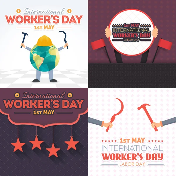 Coleção Design Cartões Dia Trabalhador Estilo Plano Maio Conceito Trabalho — Vetor de Stock