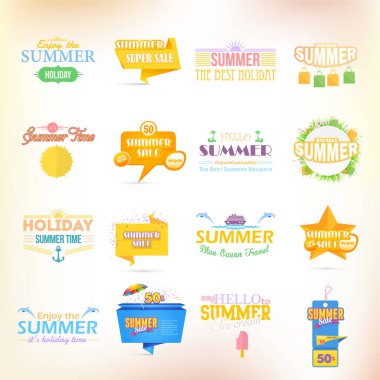 Vektör Yaz Satış Afiş, Web Reklam Seti, Kart, Rozet Tasarım İllüstrasyon