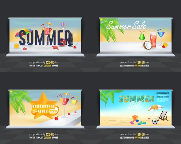 夏のシーズンベクトルの背景 ホリデーコンセプト広告デザインセット 印刷準備完了広告またはウェブサイトの水平テンプレートコレクション — ストックベクタ
