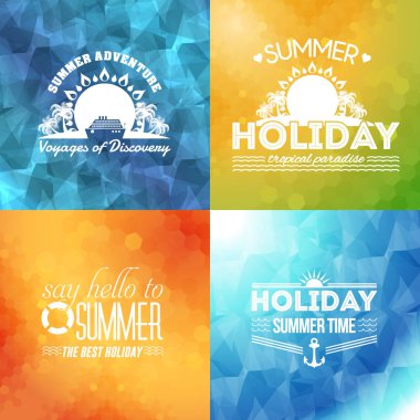 Merhaba Yaz, Seyahat Rozeti ve Web Banner Vektör Düz Tasarım, Düşük Poli Arka Plan Koleksiyonu