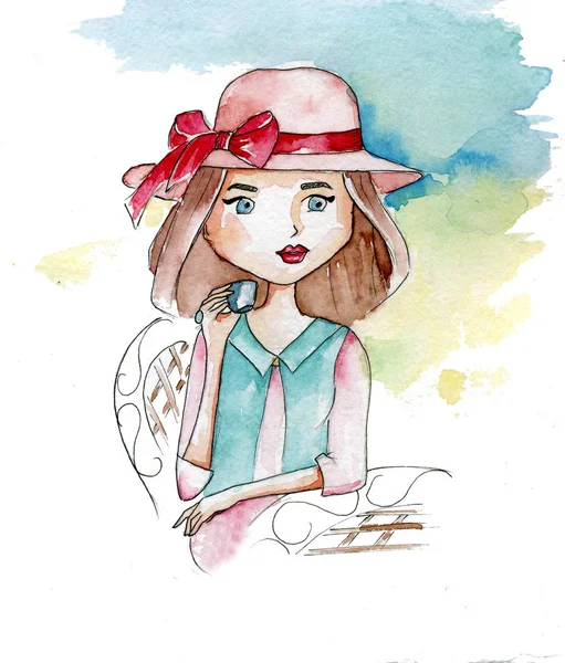 Watercolor Handpainted Stylized Yaung Girl Sitting Drinking Cofee — Stock Photo, Image