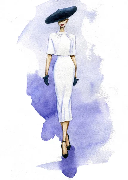 Aquarela Pintado Mão Mulher Elegante Andando Vestido Branco Chapéu Escuro — Fotografia de Stock