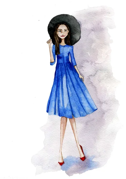 水彩塗り様式に大きな黒い帽子と青いドレスのブルネットの少女 — ストック写真