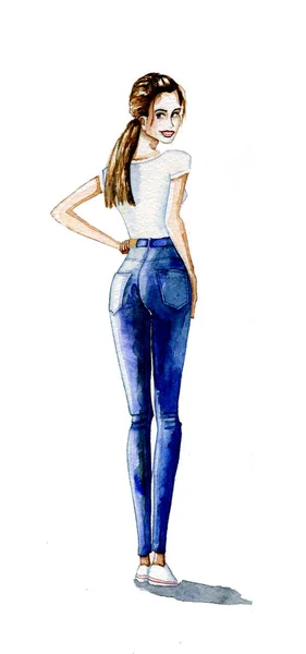 Watercolor Handpainted Brunette Girl Jeans White Background Looking Back — Stock Photo, Image