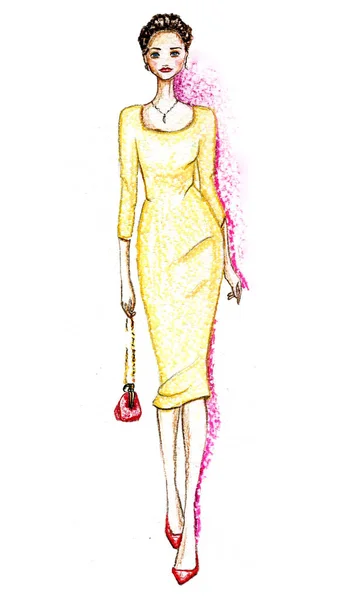 パステル手歩いて黄色のカクテル ドレスに 白の背景に描かれたエレガントな女の子 — ストック写真