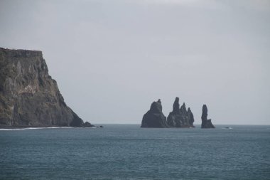 İzlanda, Dyrhlaey, Reynisfjara Beach siyah kum plaj. Kayalar ve kayalıklarla ocean Plajı'nda. İzlanda'nın Güney sahil üzerinde popüler bir turistik spot.