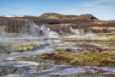 İzlanda'daki Geysir destrict. Haukadalur Jeotermal alanı patlayan Strokkur şofben altın daire parçası güzergahı, İzlanda '. Güney Batı İzlanda üzerinde Strokkur Geysir şofben. Ünlü turistik Geysir rota 35.