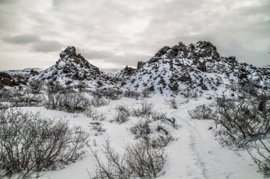 Dimmuborgir, Myvatn, İzlanda doğusunda alışılmadık şekilli lav alanlarının geniş bir alanda. Myvatn alanı - İzlanda. Dimmuborgir alan çeşitli volkanik mağaralar ve kaya oluşumları, antik bir daraltılmış Kalesi anımsatan oluşur. 
