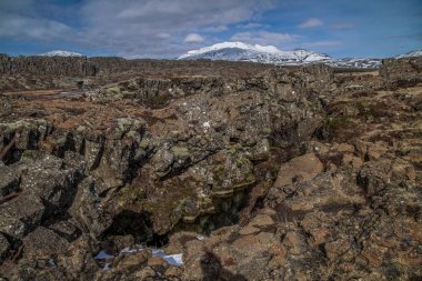 İzlanda'daki Thingvellir Milli Parkı. ingvellir veya Thingvellir Milli Parkı İzlanda, tarihsel, kültürel bir site ve jeolojik önemi olduğunu. Burada bulunan Kuzey Amerika ve Avrasya kıtasal levha arasında Silfra fissür.