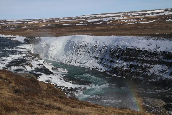 Gullfoss Şelale Görünümü Kış Peyzaj Resim Kış Sezonu Gullfoss Kanyonu — Stok fotoğraf