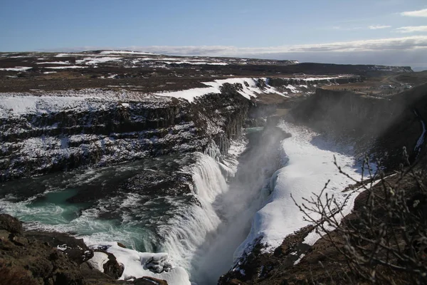 Gullfoss Vattenfallet Visa Och Vintern Lanscape Bild Vintersäsongen Gullfoss Ett — Stockfoto