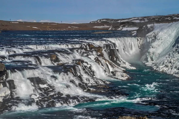 Blick Auf Den Gullfoss Wasserfall Und Winterlandschaft Der Wintersaison Der — Stockfoto